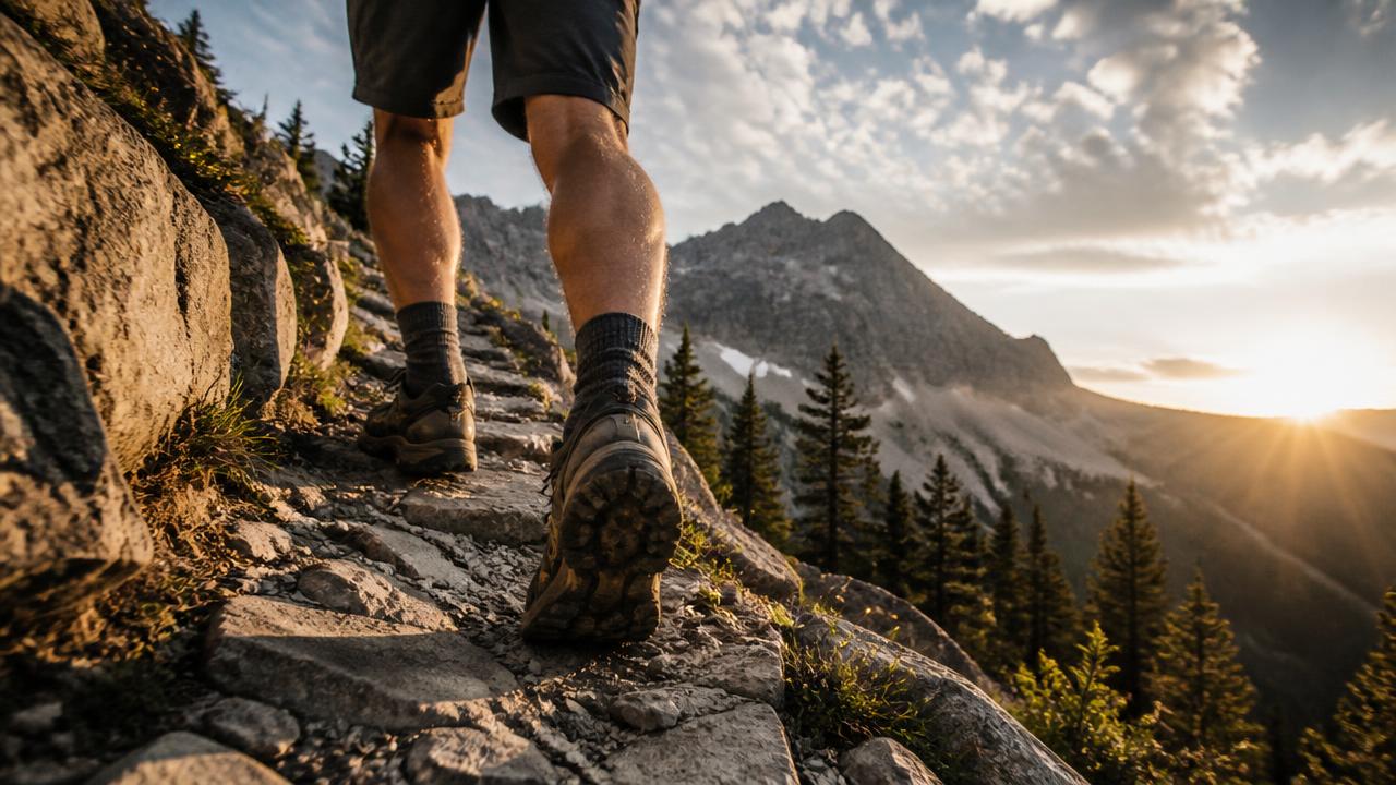 Hiker climbing a rocky mountain trail at golden hour in lugged hiking shoes